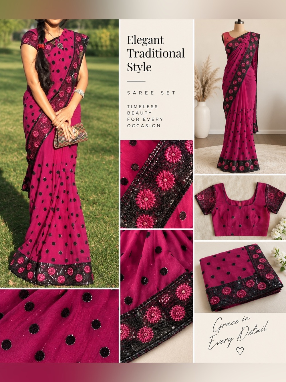 Beautiful Magenta & Black Embellished Indian Saree + Designer Blouse